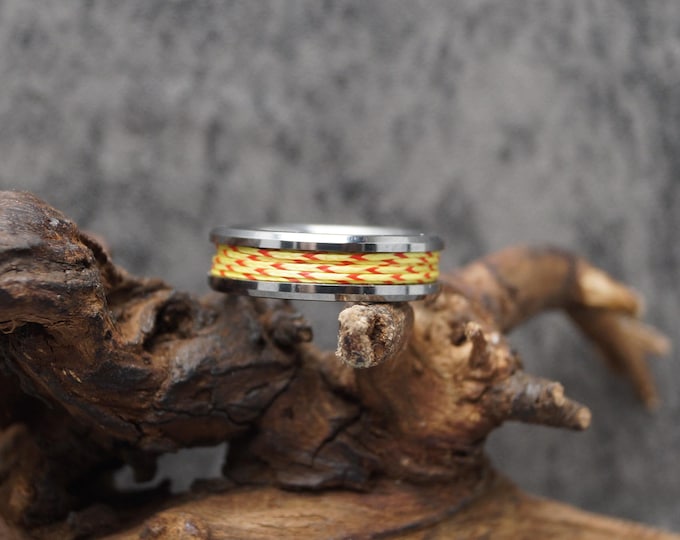 Tungsten Ring with Red and Yellow Spider-Line Fishing Line Inlay - UV Glow Ring