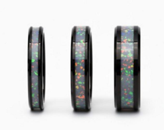 Royal Blue Grey Opal Black Ceramic Wedding Band: Unique Ring