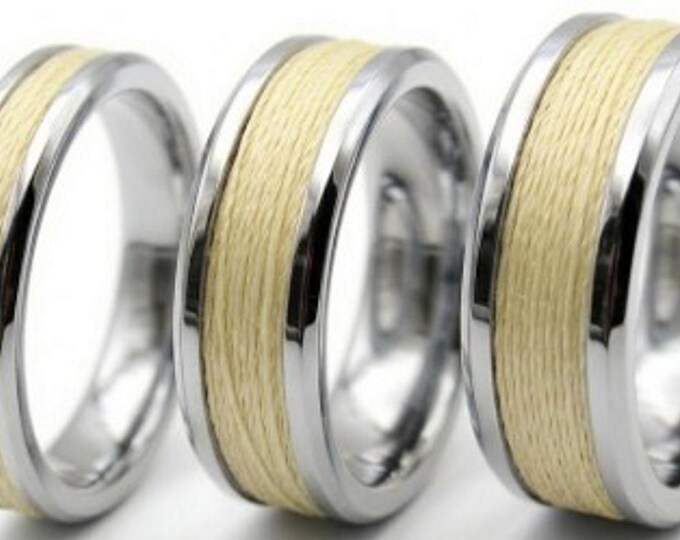 Kevlar Yellow Braided Line Inlaid Tungsten Ring, Genuine Kevlar Line - Rings available 4 mm, 6 mm or 8 mm wide ring.