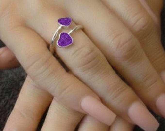 Personalised Sterling Silver Double Heart Ring including Ashes or Hair Inlaid With Purple Eco-Glitter