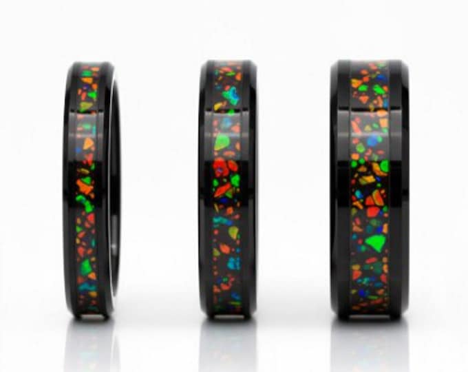 Black Opal #4 Black Ceramic Wedding Band: Unique Inlaid Ring