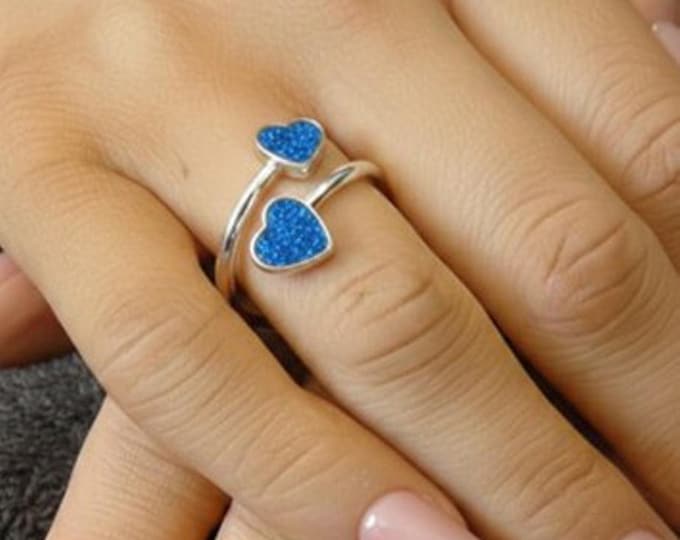 Personalised Sterling Silver Double Heart Ring including Ashes or Hair Inlaid With Blue Eco-Glitter