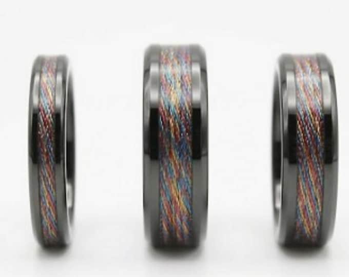 Multi-Colour Metalic Thread Inlay Black Ceramic Ring - Available 4mm, 6mm or 8mm wide