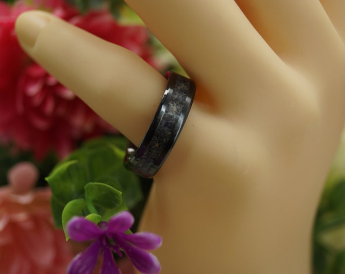 Black Ceramic ring inlaid with Natural Blue John Wedding Band 4 mm, 6 mm and 8mm wide ring - Unique Ring