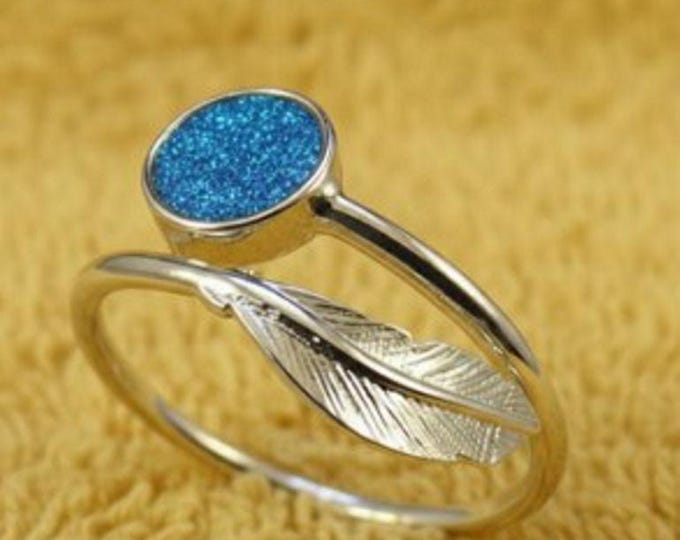 Personalised Sterling Silver Feather Adjustable Ring with a 6mm Setting including Ashes or Hair Inlaid With Aqua Eco-Glitter