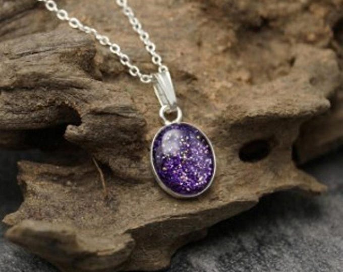 Personalised Sterling Silver Oval Pendant and 18" Trace Chain both Hallmarked including Ashes or Hair Inlaid With Purple Eco-glitter