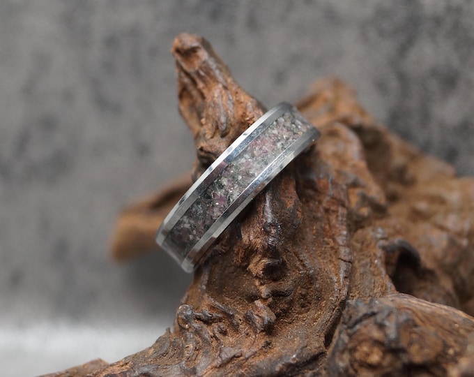 Eudialyte Inlay Tungsten Carbide Wedding Band - UV Glow Orange