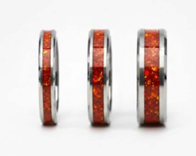 Ruby Red Opal Tungsten Ring - Unique Wedding Band