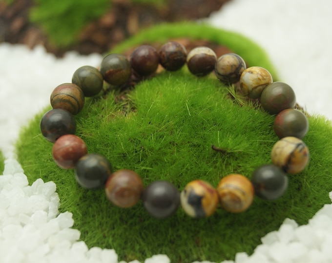 Natural Picasso Jasper Bead Bracelet for Men or Women 8 mm / 0.314961" Stretch Cord - From 152 mm to 228 mm / 6" to 9" Length