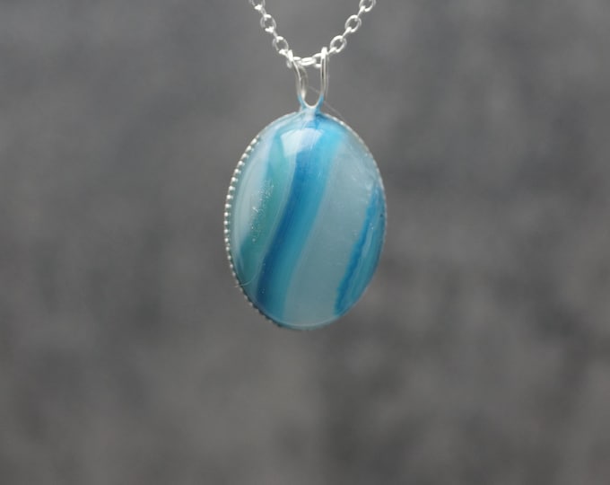 Sterling Silver Oval Milled Edge Blue Agate Pendant and 18" chain