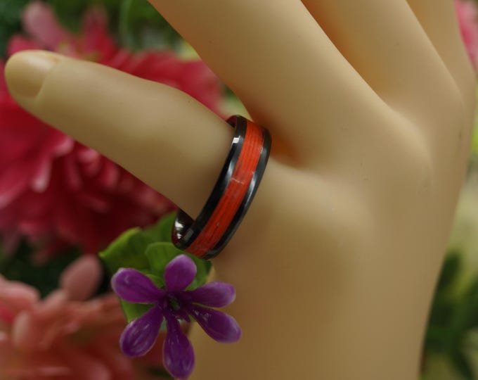 Black Ceramic ring inlaid with Orange Cord Wedding Band 4 mm, 6 mm or 8 mm wide ring - Unique Ring