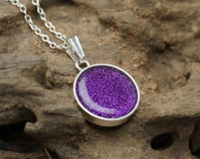 Personalised Sterling Silver Round Pendant and 18" Trace Chain both Hallmarked including Ashes or Hair Inlaid With Purple Eco-glitter