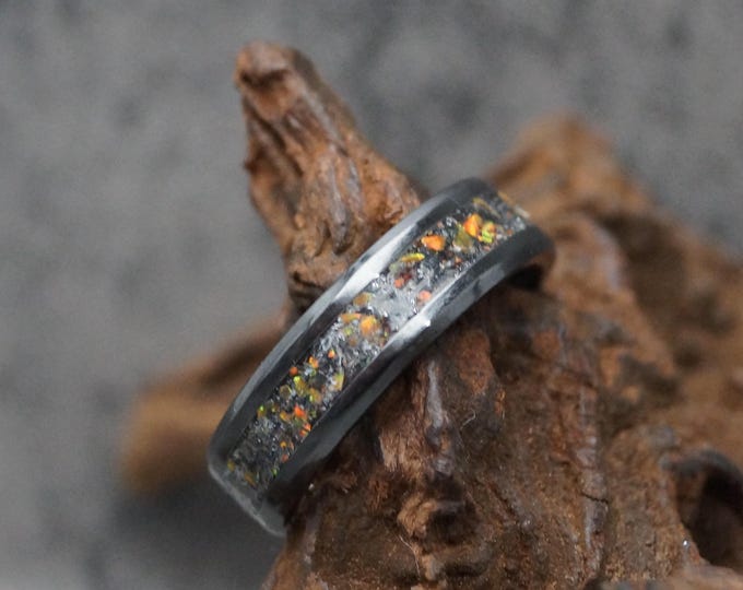 Fire Opal & Natural Peacock Ore Inlay Black Ceramic Ring available 4 mm, 6 mm or 8 mm wide ring