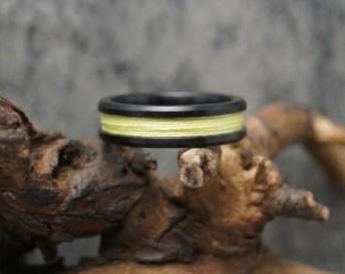 Yellow fishing Line Black Ceramic ring inlaid with Genuine fishing Line - 4 mm, 6 mm or 8 mm wide ring.