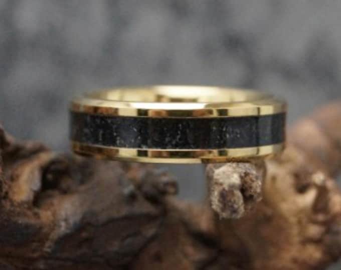 Whitby Jet Inlay Gold Tungsten Ring - Available 4 mm, 6 mm or 8 mm Wide Ring