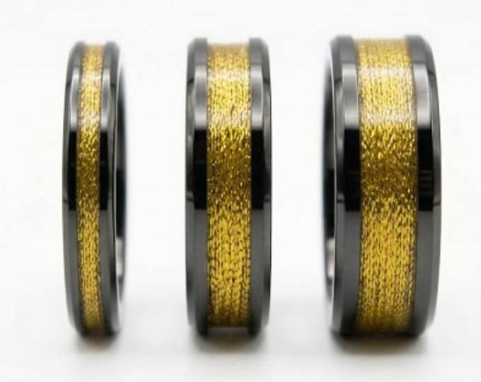 Gold Shiny Thread Inlay Black Ceramic Ring - Available 4mm, 6mm or 8mm wide
