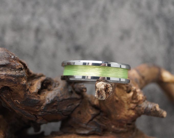 Lime Green Fishing Line Inlay Tungsten Ring - UV Glow Ring - Available 4 mm, 6 mm or 8 mm Wide