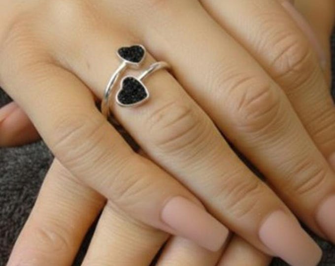 Personalised Sterling Silver Double Heart Ring including Ashes or Hair Inlaid With Black Eco-Glitter