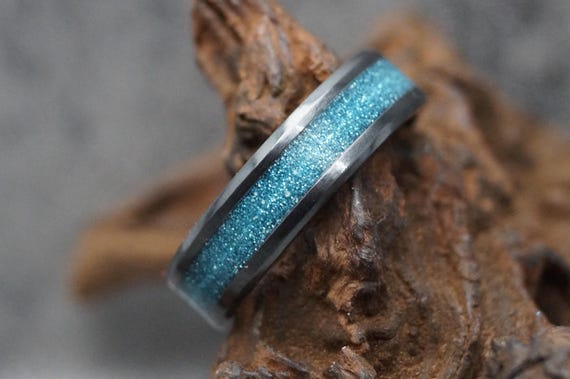 Personalised Black Ceramic Memorial Ring including Ashes or Hair Inlaid With Blue-Green Eco-Glitter