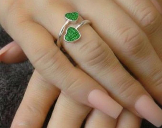 Personalised Sterling Silver Double Heart Ring including Ashes or Hair Inlaid With Green Eco-Glitter