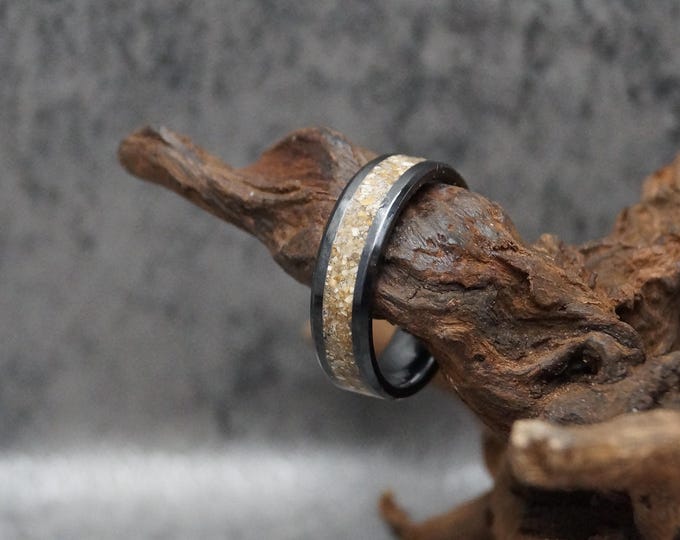 Black Ceramic ring inlaid with Natural beach Sand Wedding Band 4 mm, 6 mm or  8 mm Wide Rings - Unique Ring