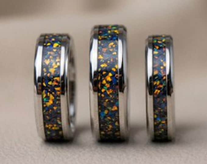 Black Opal #2 Tungsten Ring - Unique Wedding Band