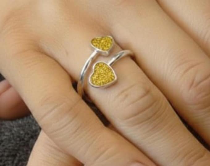 Personalised Sterling Silver Double Heart Ring including Ashes or Hair Inlaid With Yellow Gold Eco-Glitter