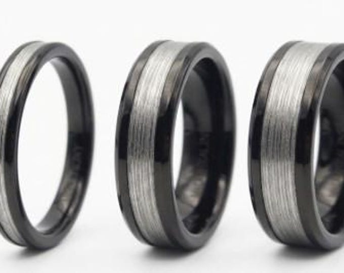 Silver fishing Line Black Ceramic ring inlaid with Genuine Silver fishing Line Wedding Band 4 mm, 6 mm or 8 mm wide ring.