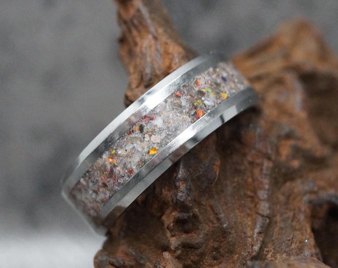 Black Opal & Madagascar White Opal inlaid Tungsten Ring: Natural White Opal Inlay, Unique Band