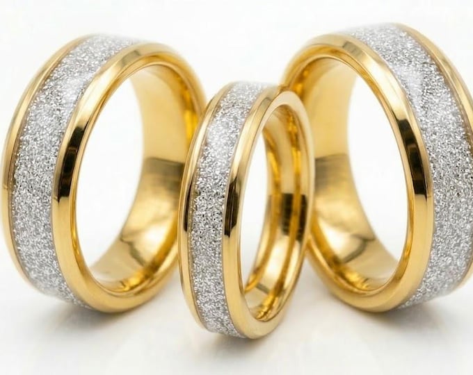White CZ Stones Inlaid Gold Tungsten Ring - Available 4mm, 6mm or 8mm wide