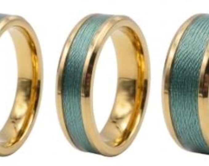 Teal Fishing Line Inlay Gold Tungsten Ring - Available 4mm, 6mm or 8mm wide