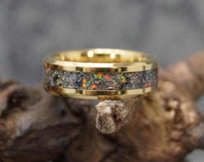 Fire Opal & Peacock Ore Inlay Gold Tungsten Ring - 4, 6, 8mm wide