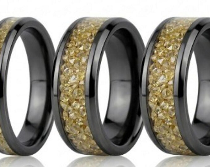 Golden CZ Stones Inlaid Black Ceramic Ring - Available 4mm, 6mm or 8mm wide