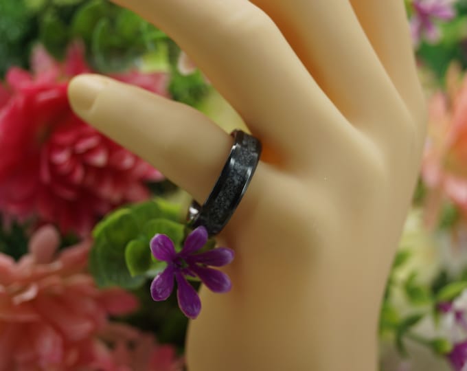 Black Ceramic ring inlaid with Natural Snowflake Obsidian Wedding Band 4 mm, 6 mm or 8 mm wide ring - Unique Ring