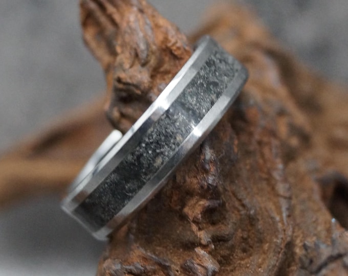 Black Tourmaline Inlay Tungsten Carbide Ring - Unique Wedding Band