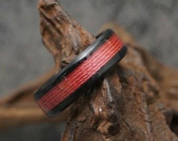 Red fishing Line Black Ceramic ring inlaid with Genuine fishing Line 4 mm, 6 mm or 8 mm wide ring.