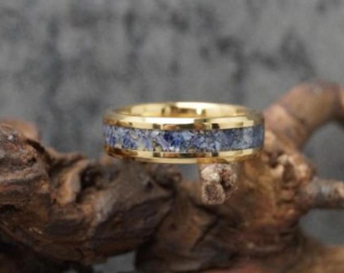 Natural Sodalite Inlay Gold Tungsten Ring - Wedding Band - Unique Ring - 4, 6, 8mm wide