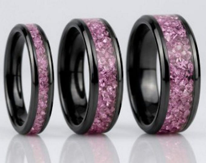 Pink CZ Stones Inlaid Black Ceramic Ring - Available 4mm, 6mm or 8mm wide