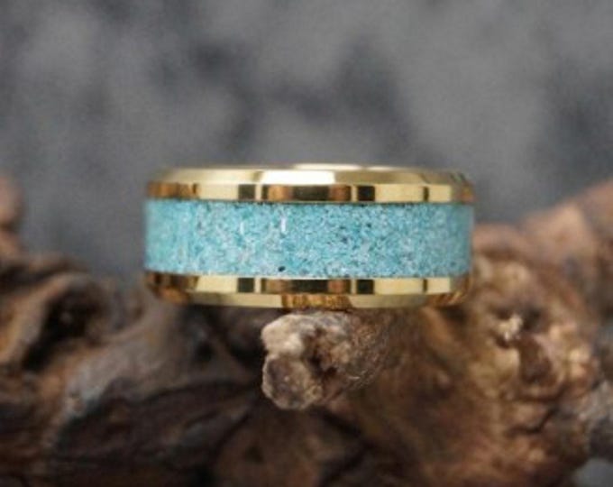 Turquoise Inlay Gold Tungsten Ring - Wedding Band - 4mm, 6mm, 8mm Wide Ring