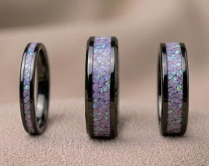 Multi-Lavinder Opal Black Ceramic Wedding Band: Unique Ring