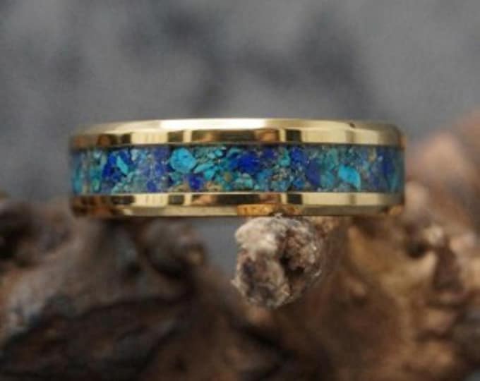 Blue Tiger Eye Gold Tungsten Ring - Wedding Band - Unique Ring for Men and Women - 4, 6, 8mm wide