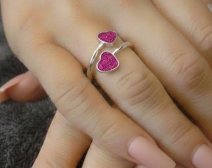 Personalised Sterling Silver Double Heart Ring including Ashes or Hair Inlaid With Magenta Eco-Glitter