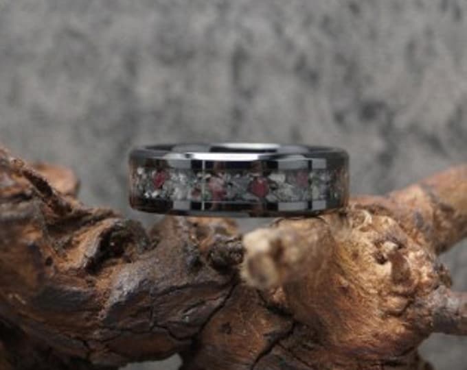 Eudialyte Inlay Black Ceramic Ring - Wedding Band - UV Glow Orange - 4, 6, 8mm wide