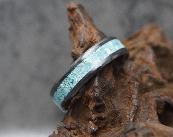 Black Ceramic Ring: Natural Turquoise Inlay Wedding Band