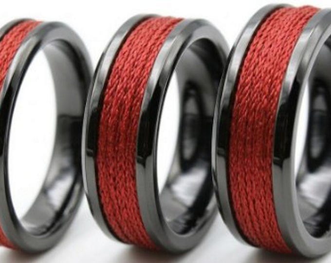 Kevlar Red Braided Line Inlaid Black Ceramic ring, Genuine Kevlar Line - Rings available 4 mm, 6 mm or 8 mm wide ring.