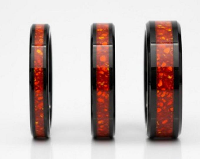 Ruby Red Opal Black Ceramic Ring - Unique Wedding Band