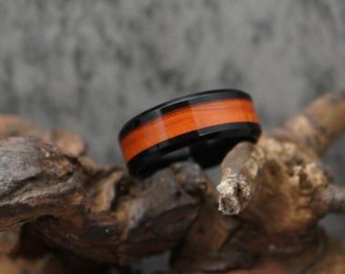 Orange fishing Line Black Ceramic ring inlaid with Genuine Orange fishing Line - UV Glow Ring 4 mm, 6 mm or 8 mm wide ring.