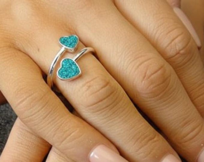 Personalised Sterling Silver Double Heart Ring including Ashes or Hair Inlaid With Aqua Eco-Glitter