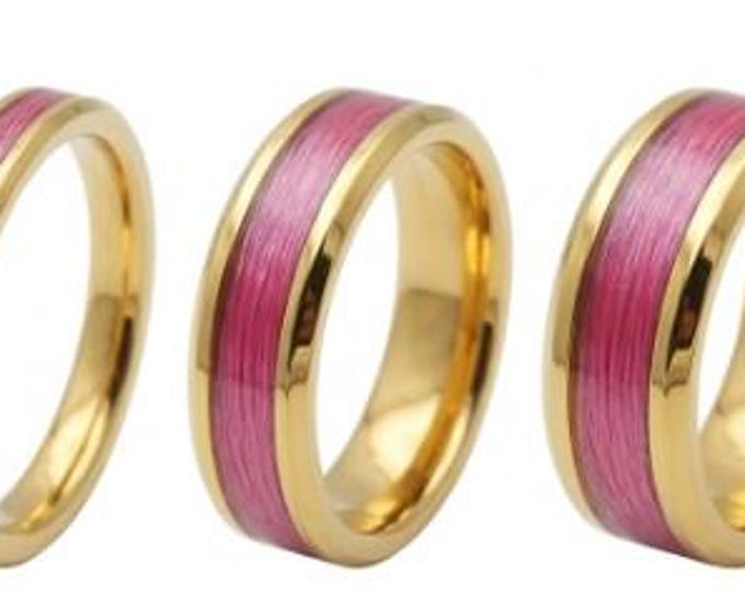 Pink Fishing Line Gold Tungsten Ring - UV Glow Ring - Available 4mm, 6mm or 8mm wide