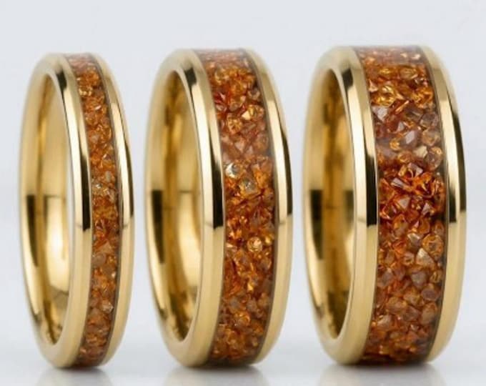 Orange CZ Stones Inlaid Gold Tungsten Ring - Available 4mm, 6mm or 8mm wide